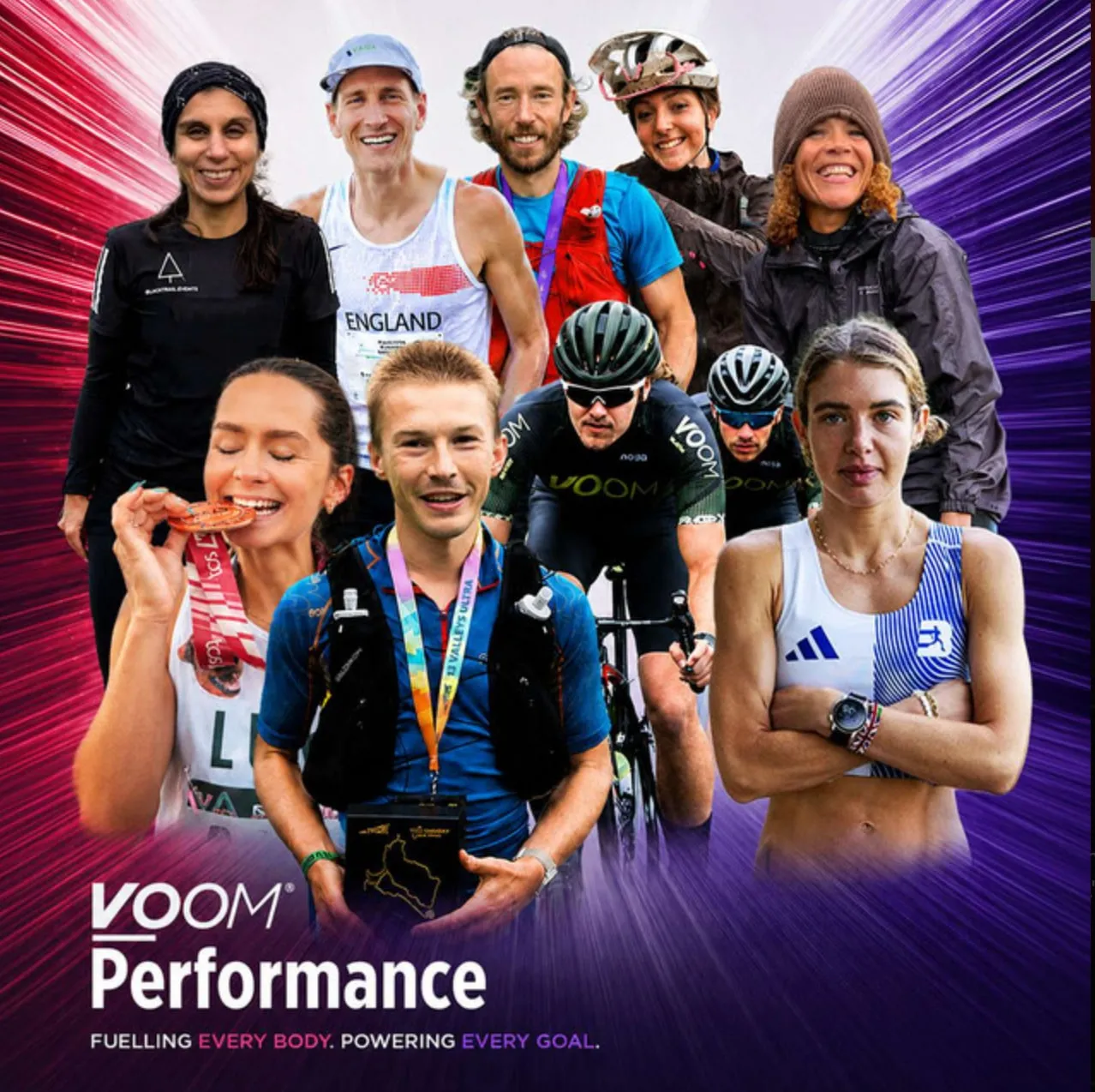 VOOM Performance podcast artwork showing a group of endurance runners and cyclists, with the line "Fuelling every body. Powering every goal."